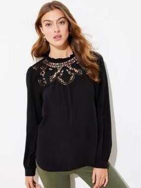 LOFT Cutout Lace Yoke Long Sleeve Blouse